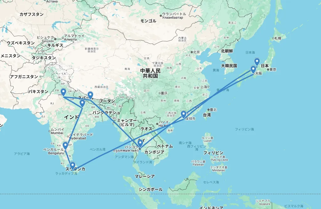 ネパール（カトマンズ）・インド（デリー・バラナシ）・スリランカ（コロンボ）・香港周遊。一人旅ルート計画